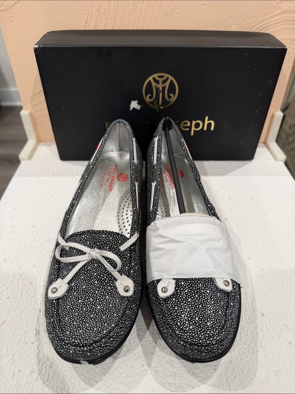 Marc Joseph and White Dotted Leather Loafers